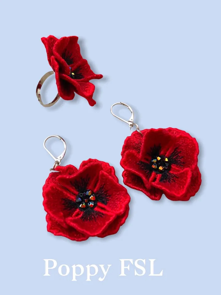 Poppy FSL machine embroidery designs Lace embroidery pattern 3D flower embroidery motif Flower FSL embroidery Earrings FSL