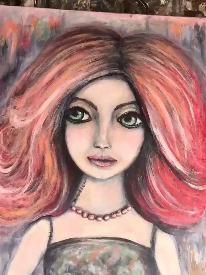 Madlen doll original oil and acrylic mix media painting on stretched canvas.decorated with natural rose river pearls,abstract background.