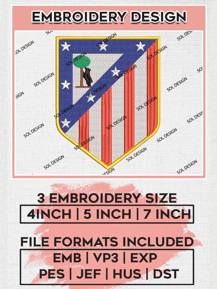 Atlético Madrid Embroidery Design Files, La Liga Embroidery files, La Liga Atlético Madrid Teams, Football, Digital Download
