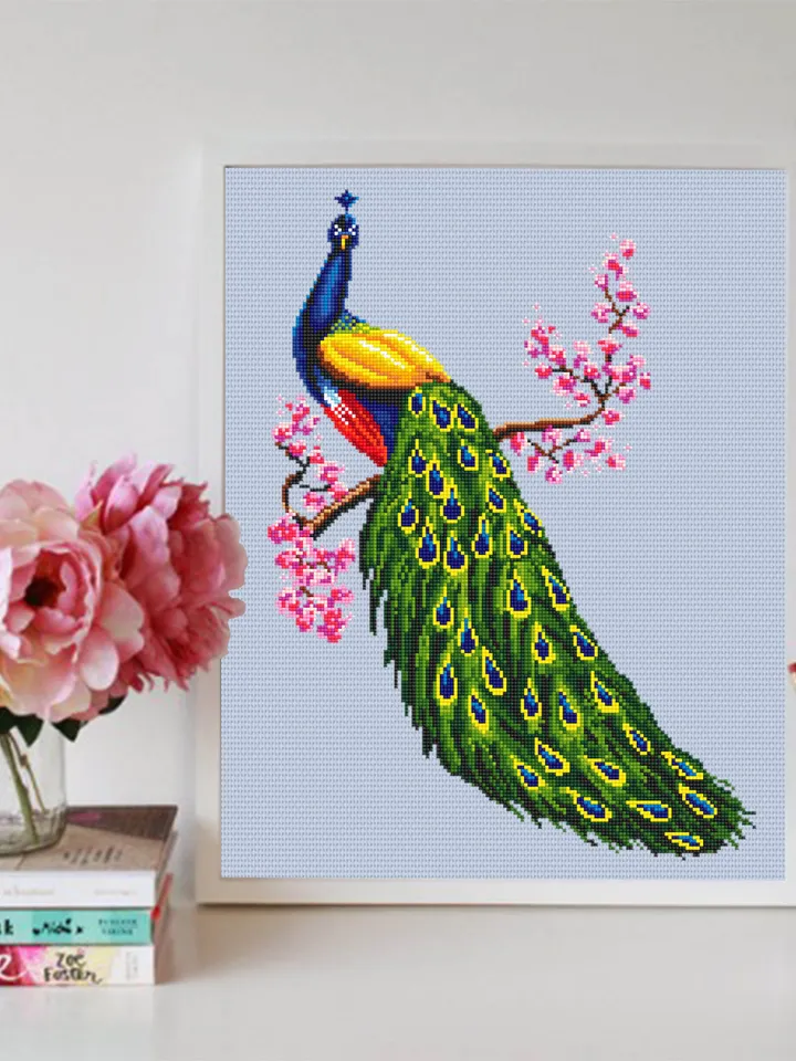 Peacock cross stitch pattern download PDF, Colorful bird hand embroidery PDF, Peacock feathers cross stitch, Spring flowers cross stitch #D3