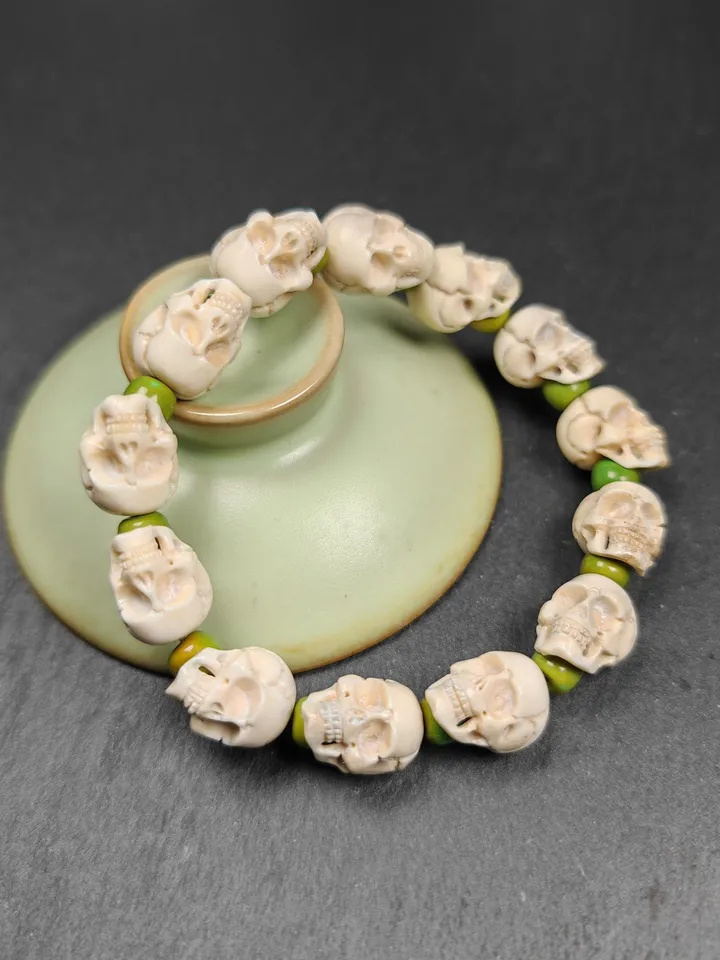Authentic Tibetan Citipati Skulls Bead Bracelet | Unique White Deer Antler Carved Wrist Mala with Mixed Turquoise