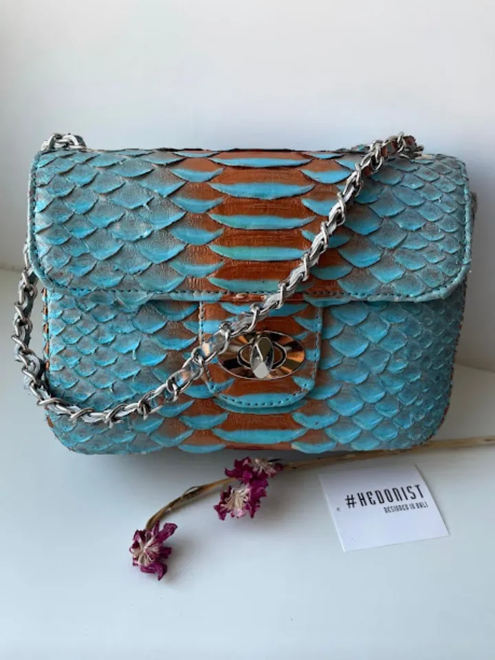 Light blue Crossbody Bag Genuine Python Skin | Adjustable Chain Classy Elegant Bright Blue Crossbody Small Lady Summer Bag | Python Purse