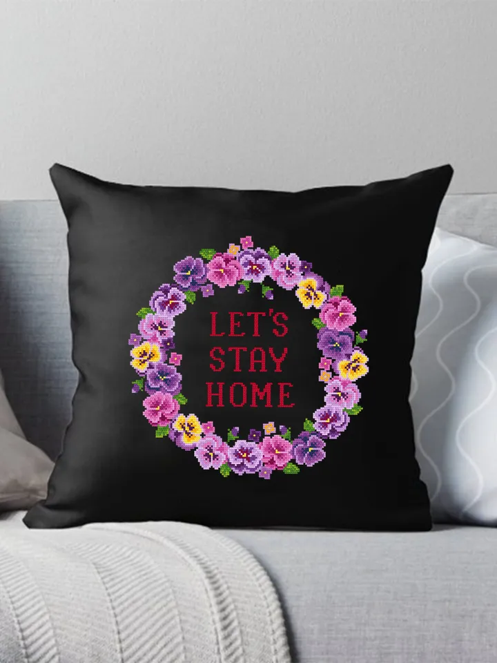 Flower wreath cross stitch pattern Lets Stay Home download PDF, Framed quote cross stitch chart, Floral border cross stitch, Home decor #Q6