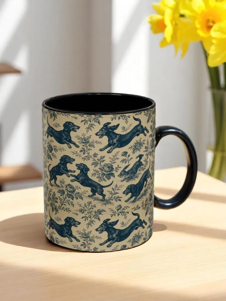 Dachshund French Toile de Jouy Ceramic Mug, Toile Coffee Cup for Doxie Mom, Sausage Dog Lover Gifts, Dog Tea Drinkware, Gift For Dog Lovers