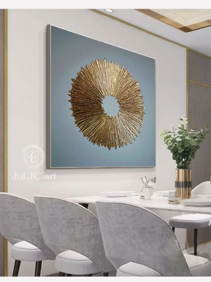 Gold and Gray Abstract Wall Art Textured Original Painting Gold Sun Wall Art | Modern artwork Above couch decor