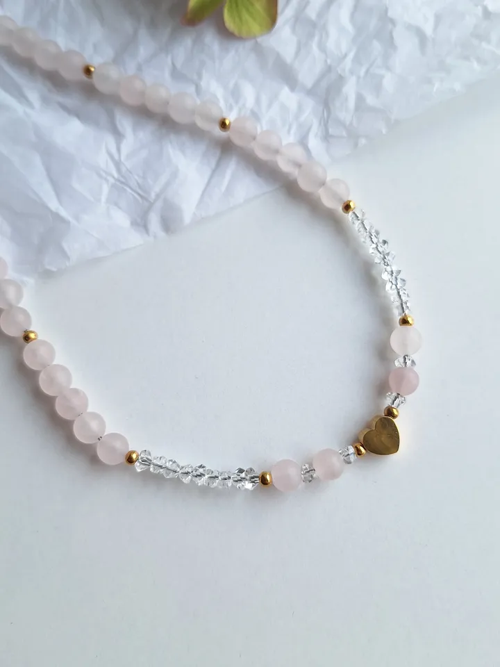 Pink quartz choker with heart, cute delicate jewelry for women, charming thin necklace, delicate necklace for woman, christmas gift