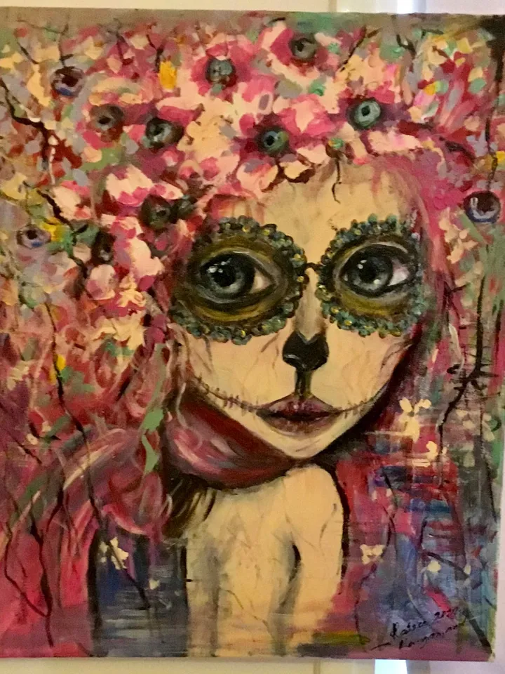 Santa muerte painting,original acrylic painting on stretched canvas,one of a kind,Halloween decoration,fantasy woman in flowers portrait.