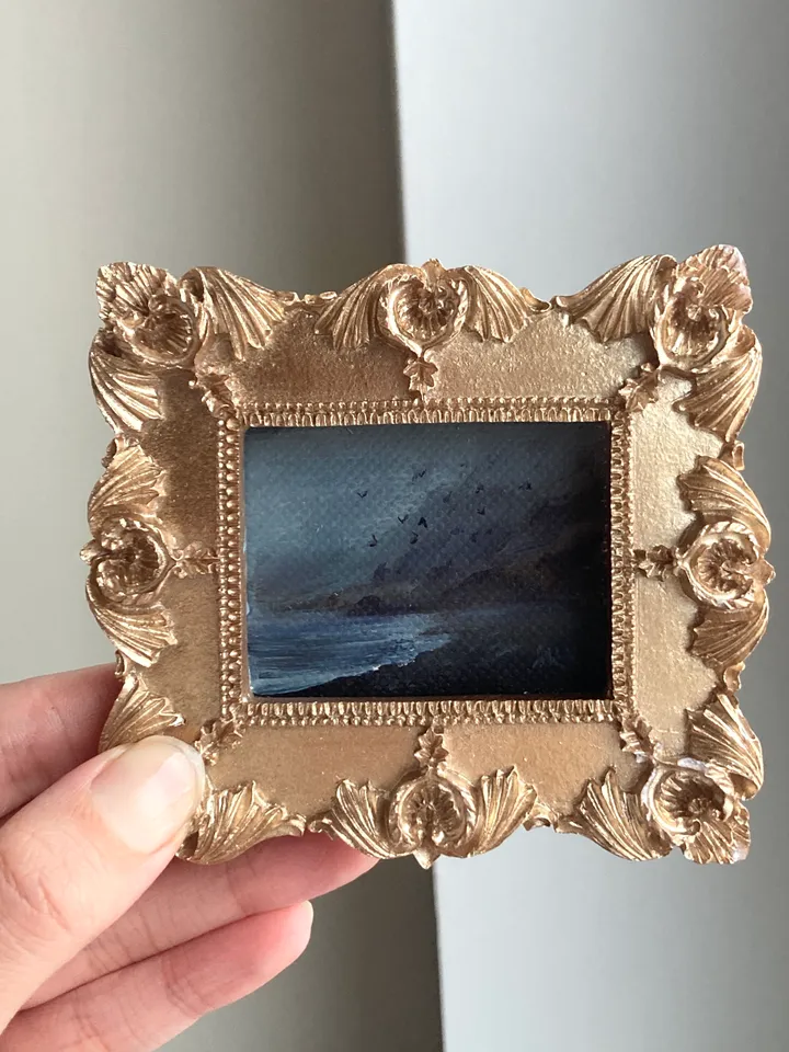 Small Landscape Oil Painting Framed Original Foggy Coast Painting Antique Ocean Art Gold Frame Tiny Paintings 3 x 4 Birds Art