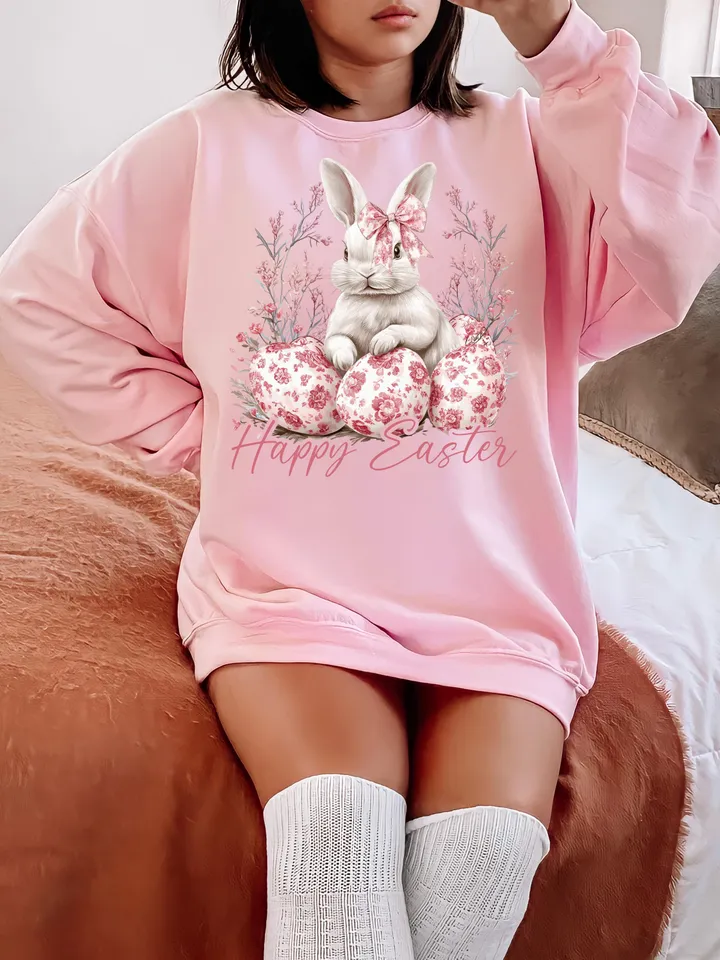 Happy Easter PNG, Grand Millennial Easter Png, Blue Floral Chinoiserie Bunny Png, Pink Toile Easter Rabbit Png, Girls, Easter Coquette Png