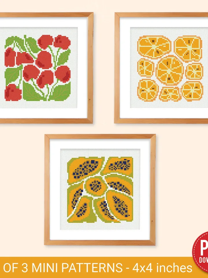 Bundle of 3 mini contemporary Fruit Cross stitch patterns Abstract Food Plant beginner counted modern chart gift DIY embroidery instant PDF