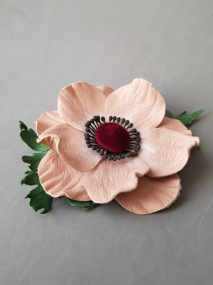 Beige leather brooch for her, Leather women's jewelry
