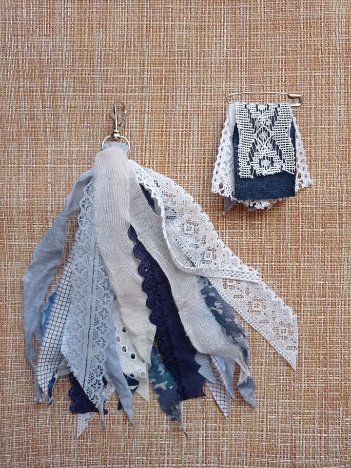 Blue brooch and keychain made of ribbons and boho fabric set