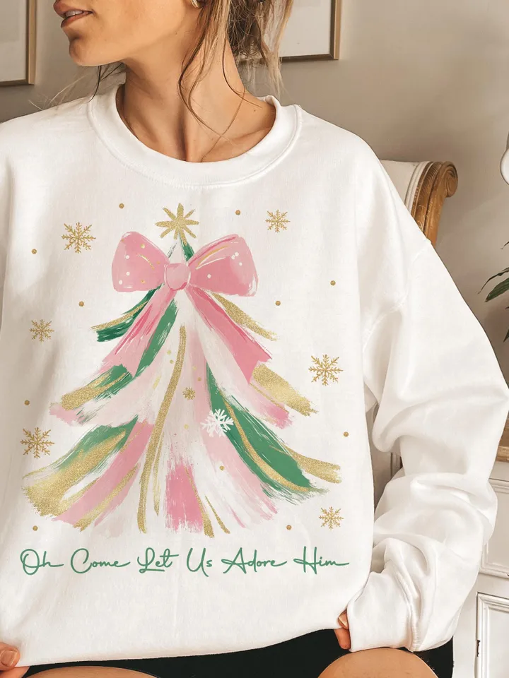 Oh Come Let Us Adore Him Png, Coquette Bow Christmas Tree Png,Christmas Jesus PNG,Watercolor Christian Christmas Png,Xmas Tree with Bow Png