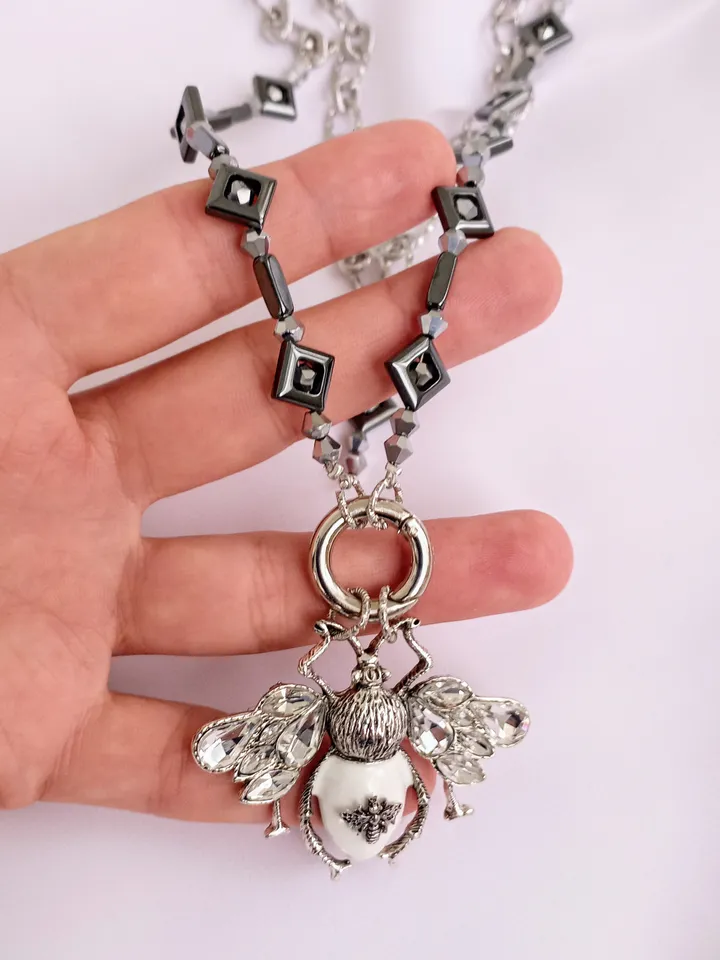 Handmade luxury bee necklace, silver bee pendant, statement bee jewelry, bee gift for her, long bee necklace