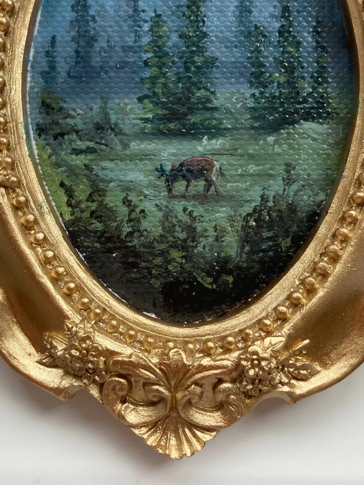 Forest Landscape Oil Painting Original In Vintage Style Frame Small Framed Oval Painting Art