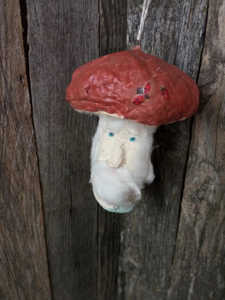 Fairy Tale Boletus Mushroom - Unique Handmade Christmas Ornament. Xmas toy. Home decor indoor Spun cotton tree toy.