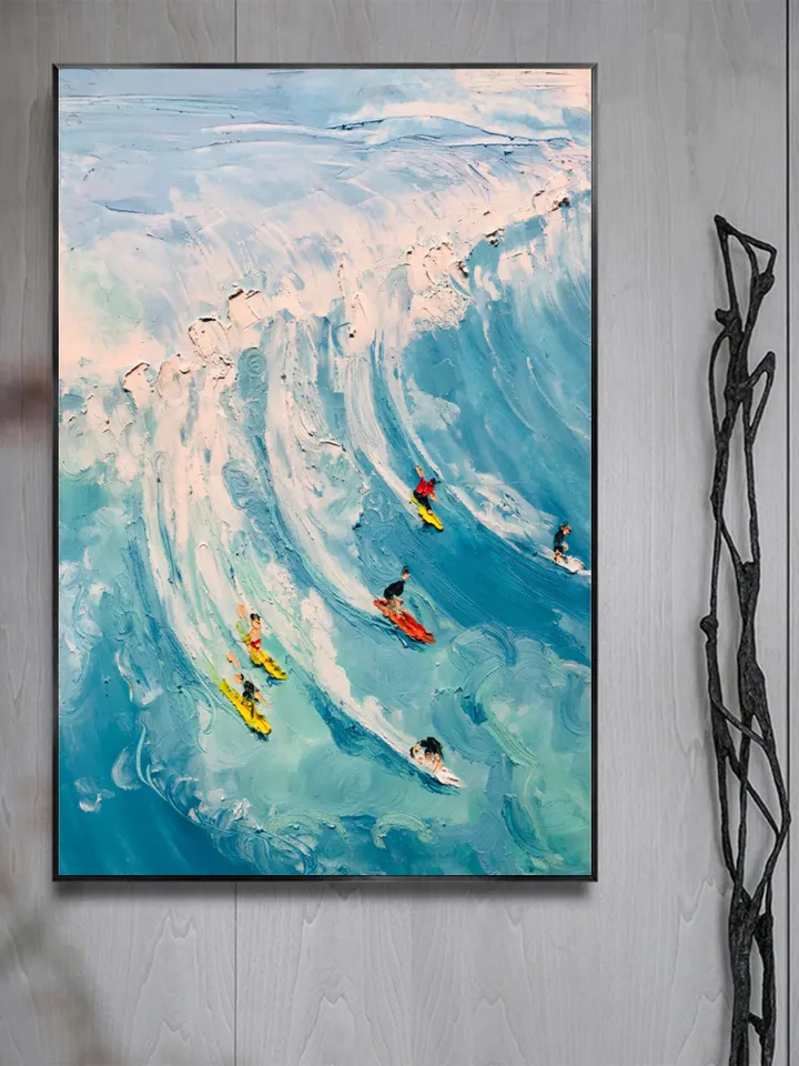 Original Surf Painting on Canvas Custom Painting Texture Wall Art Personalized Gift Blue Ocean Waves Nature Scenery Art Bedroom Wall Decor