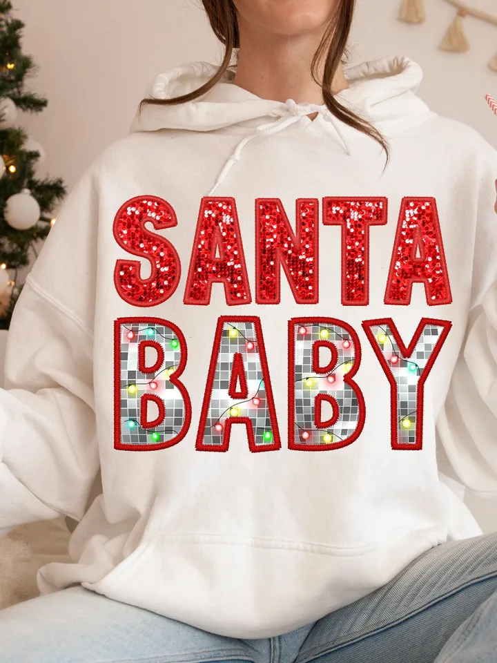 Santa baby preppy disco Christmas lights digital Faux Glitter Sequins Embroidery Letters PNG Christmas Lights, Trendy red Christmas