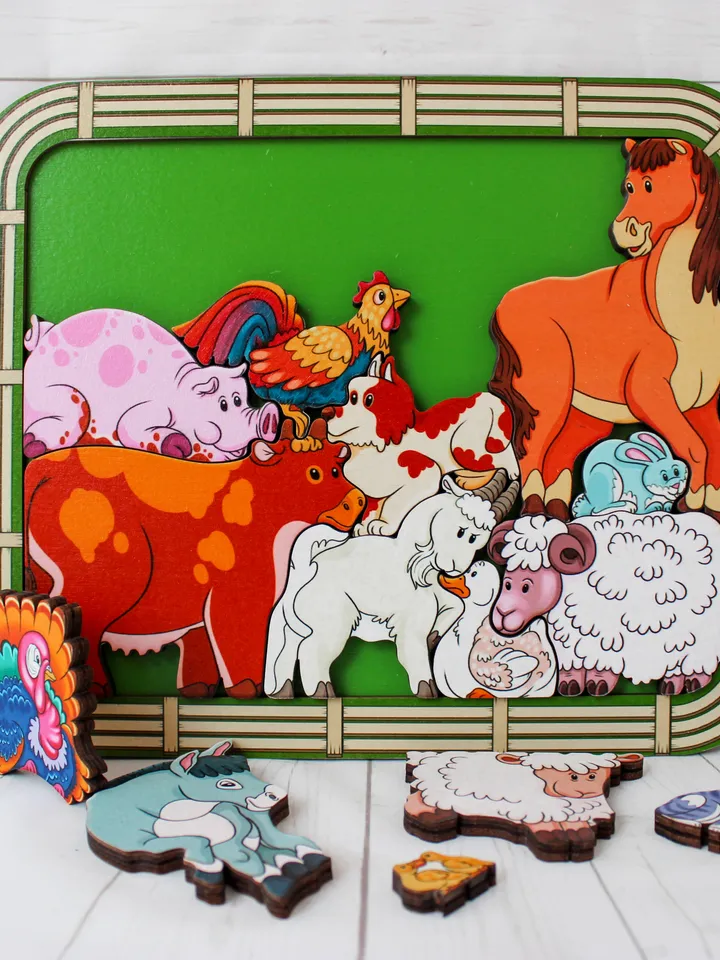 Wooden Puzzle - farm animals, Toddler Toys Age 2 3 4 5 year, Wood Montessori toy