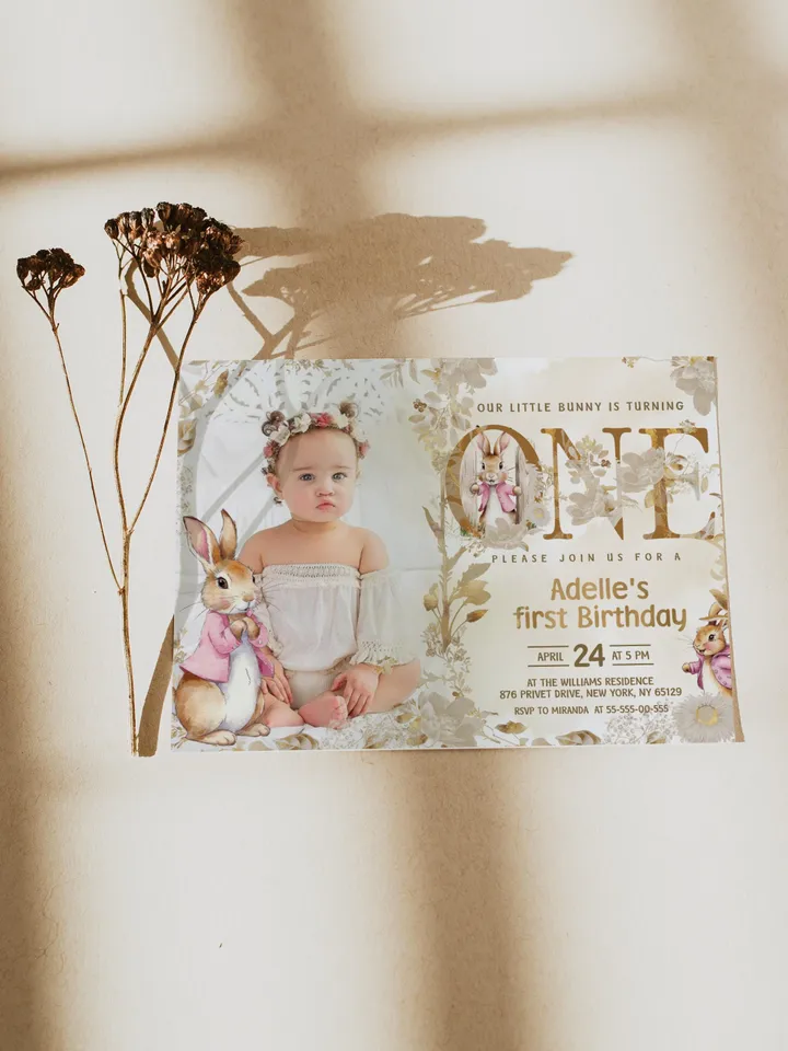 Editable and Printable Invitation template for 1st Baby Birthday party in Peter Rabbit style instant download and unlimited access pr777