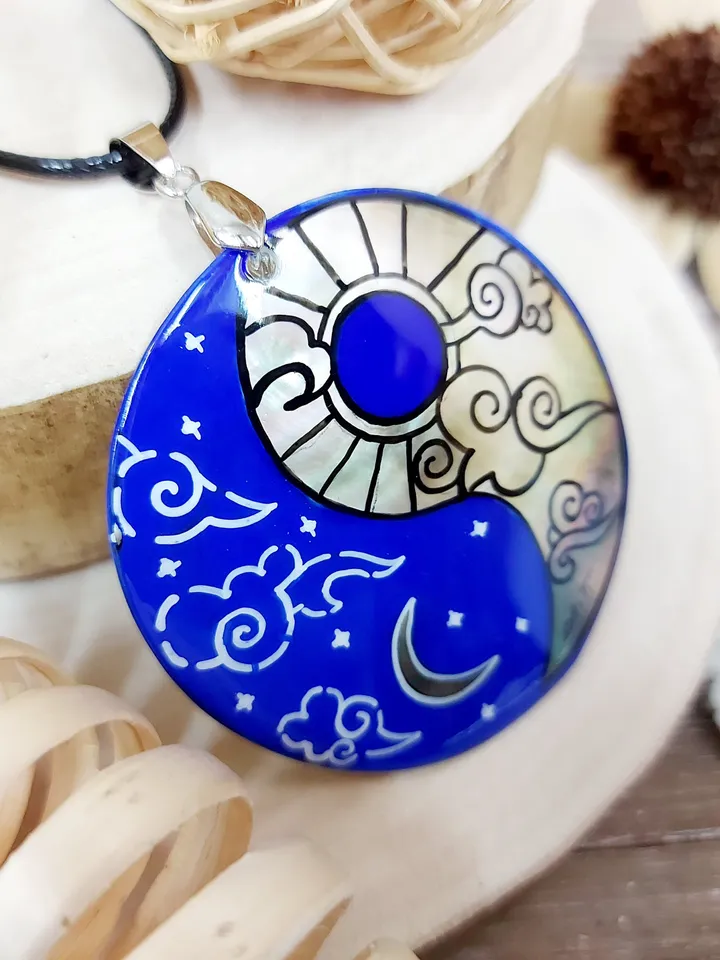Mother-of-pearl Russian necklace with hand-painted pendant "Yin-Yang. Day-Night" Hand-painted Necklace Pendant