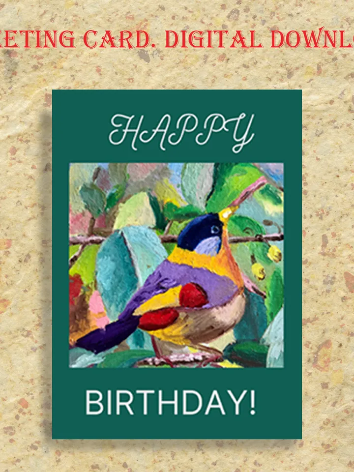 Happy Birthday card, Goldfinch Bird Greeting Card, Digital Download, Printable bird, Birthday E-Card