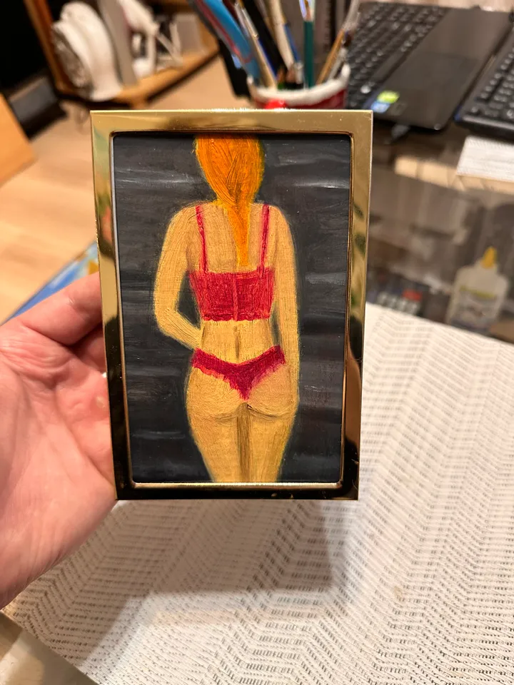Oil Painting Portrait of a Woman in Red Lingerie Figurative Women Miniature Cardboard 6x4 inches 15 cm x10 cm In a gold frame Feminist Art Modern Art Impressionism Wall Decor