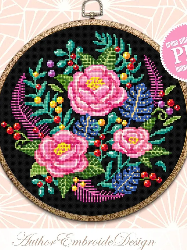 Floral cross stitch pattern PDF download Flowers cross stitch chart, Flower bouquet, Rose flower embroidery PDF, DIY gift plant lover #P29