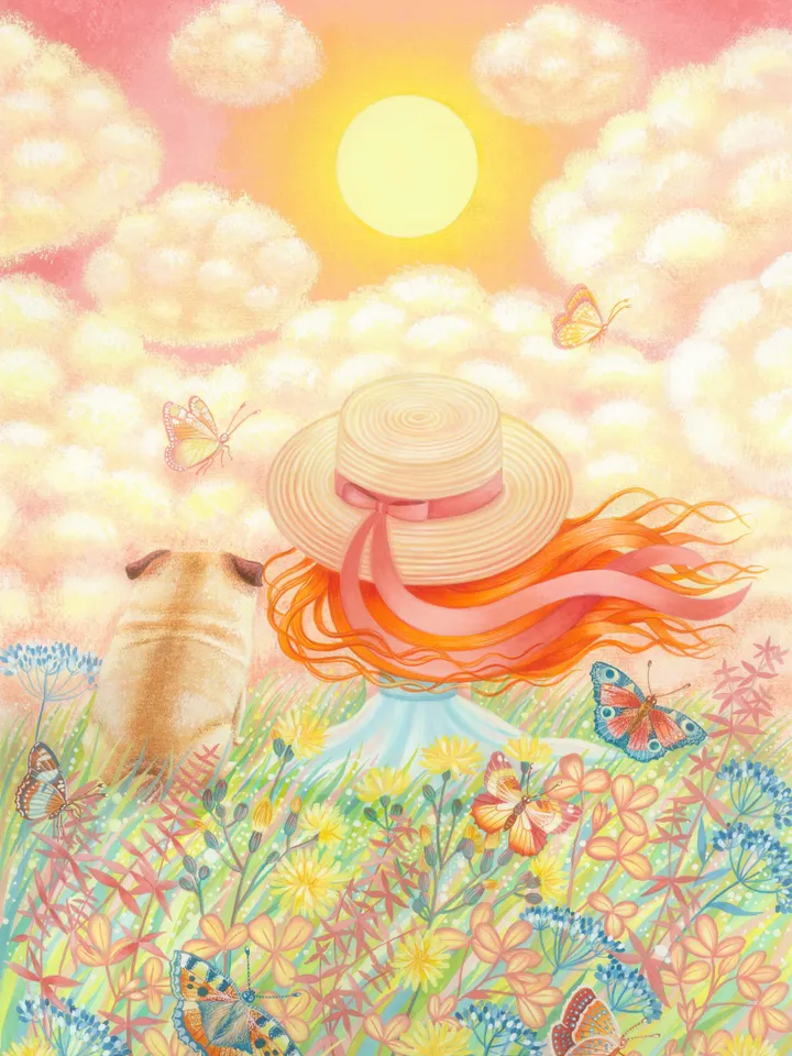 digital illustration a girl looks at the sunset