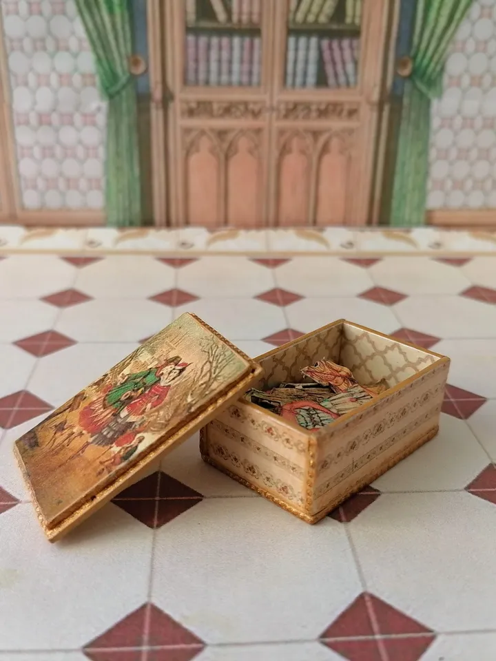 Boxes with paper dolls and accessories for dollhouse 1:12. Handmade.