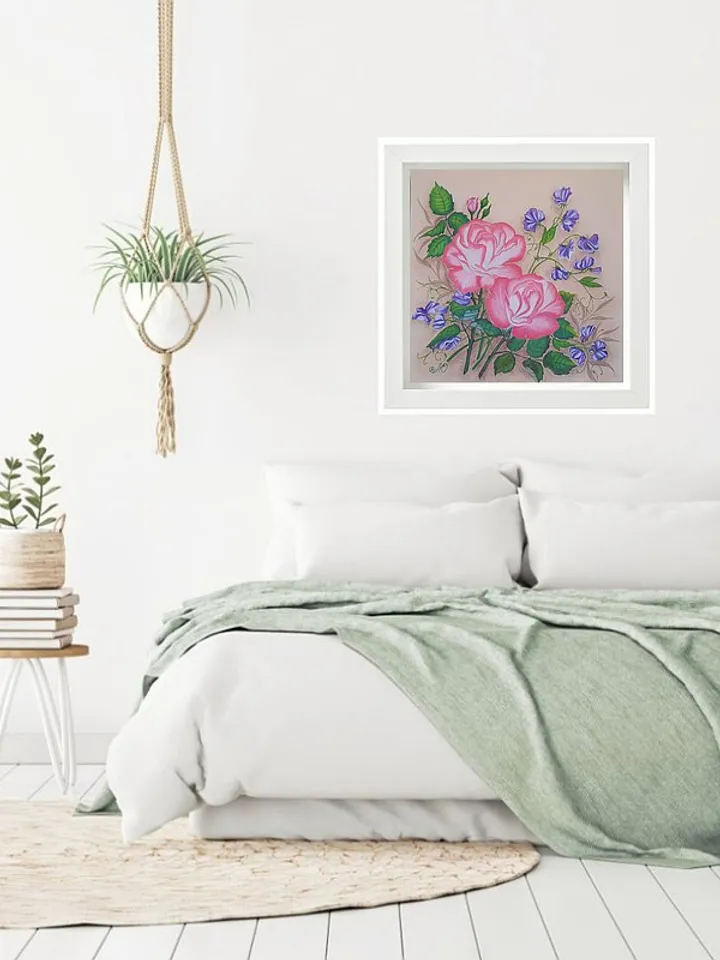 Rose Painting Sweet Pea Original Art Floral Wall Art Flower Soft Pastel Painting