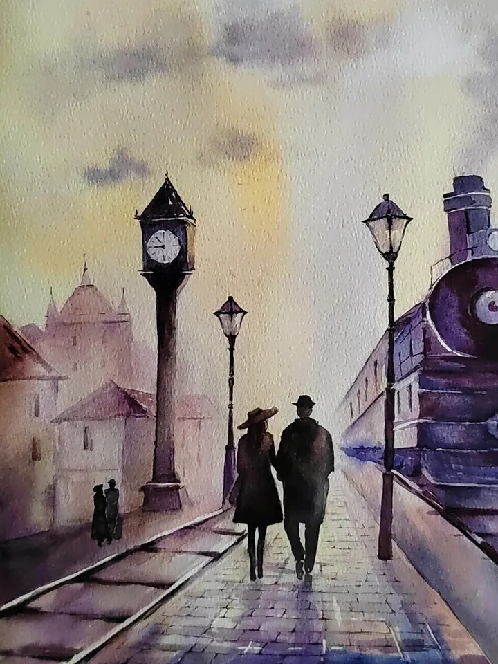 Railway Station Artwork Original Watercolor Painting Vintage Train Art 10.63x14.57 in by Art Café