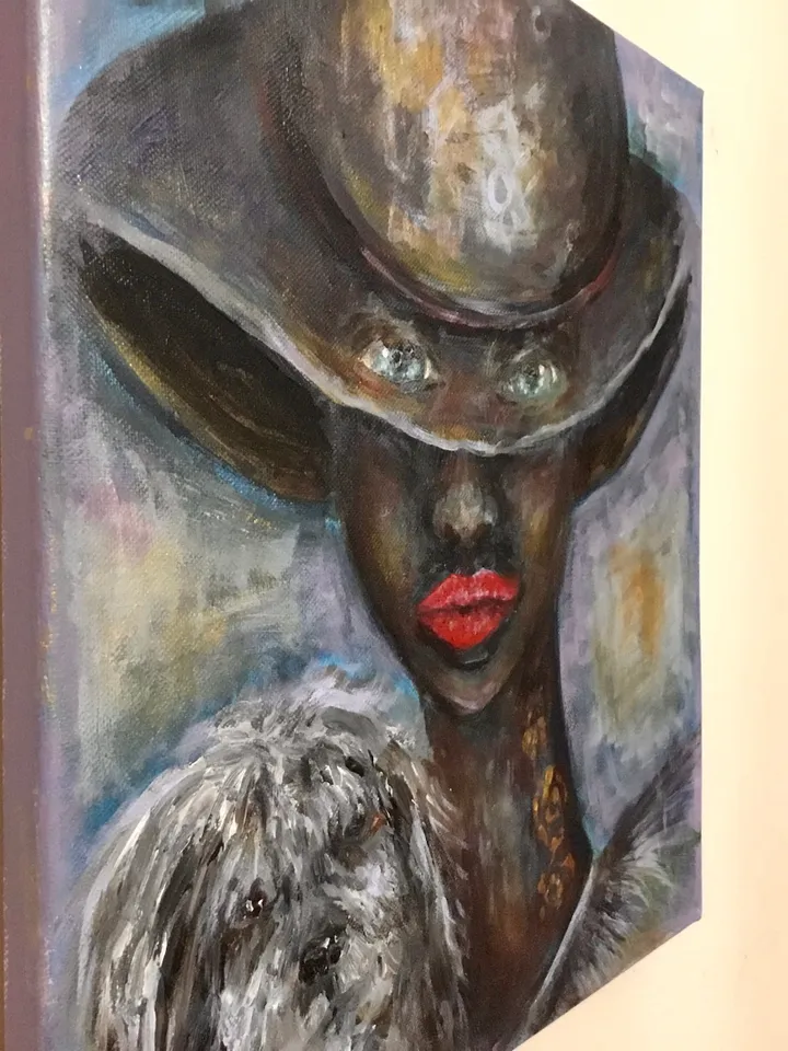 Fantasy woman in a hat with a small dog painting,original acrylic painting on canvas,home decoration wall art, unique gift.