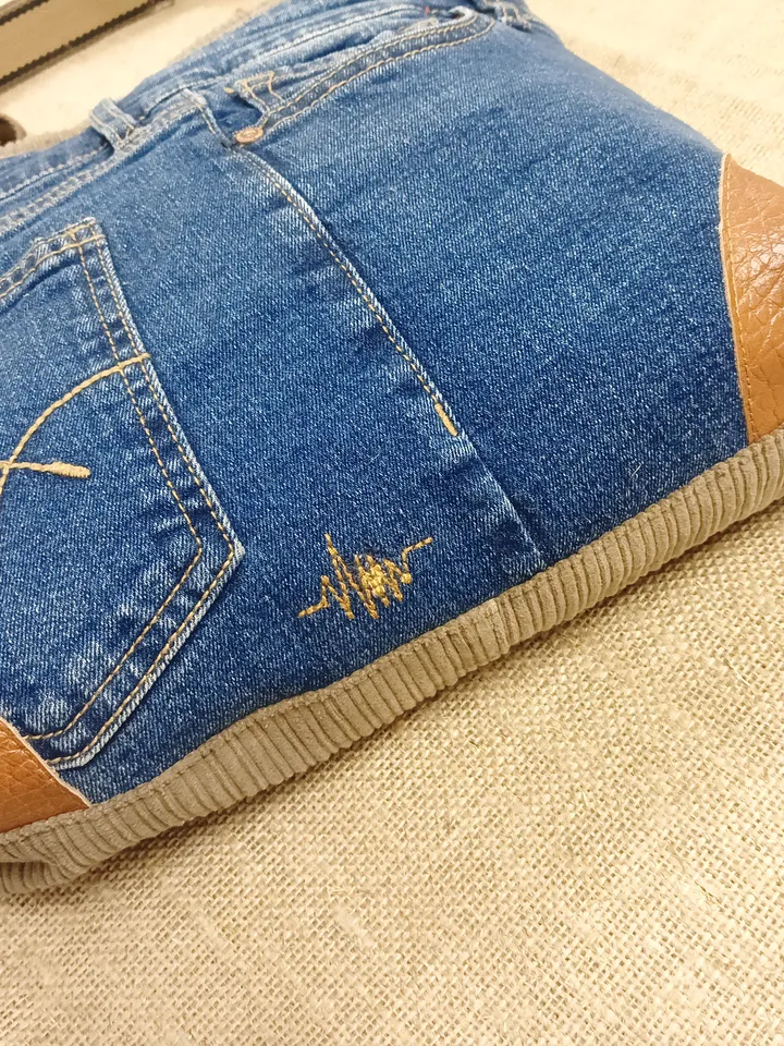 Hobo denim shoulder bag, corduroy crossbody bag, recycled denim handmade bag