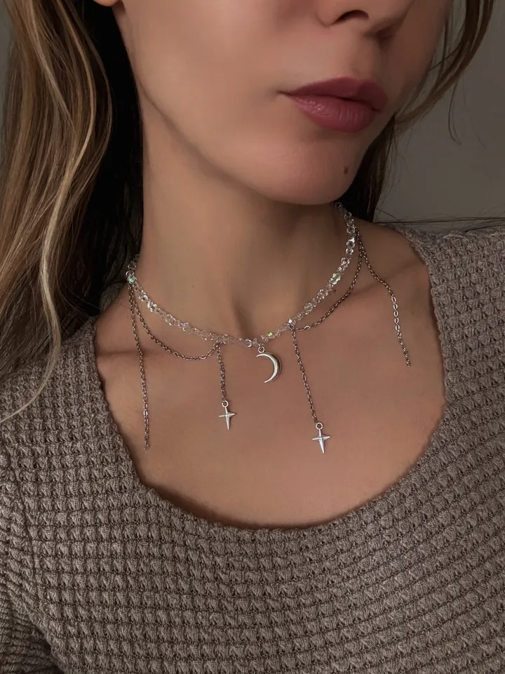 Chain necklace, Choker with a chain and a moon pendant, a necklace with a crescent moon, Silver Choker, Layer Link necklace, Multi Strand necklace