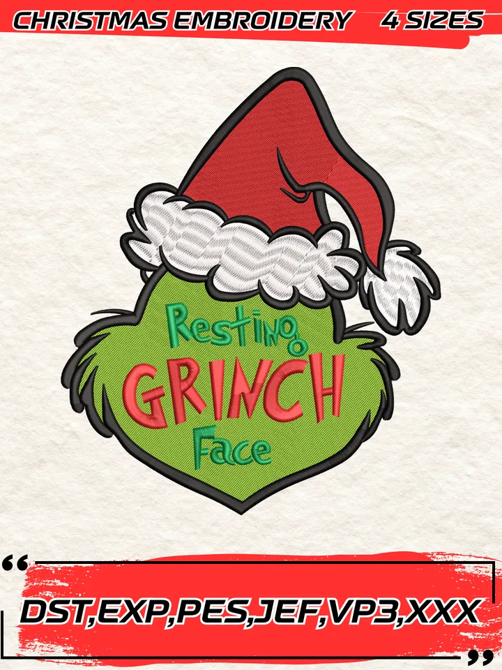 Resting Grinch Face Embroidery Design,Christmas Embroidery Design,4 Sizes, Digital Download