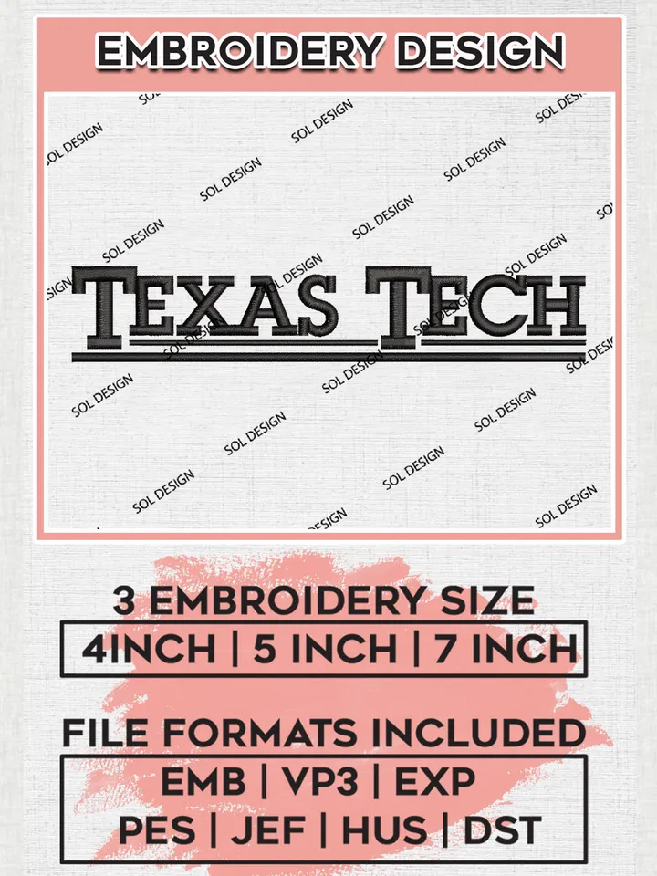Texas Tech NCAA College Team Word Logo Embroidery Design Files, NCAA Texas Tech Red Raiders Machine Embroidery, NCAA Teams, 3 sizes, NCAA Machine embroidery designs, Digital Download