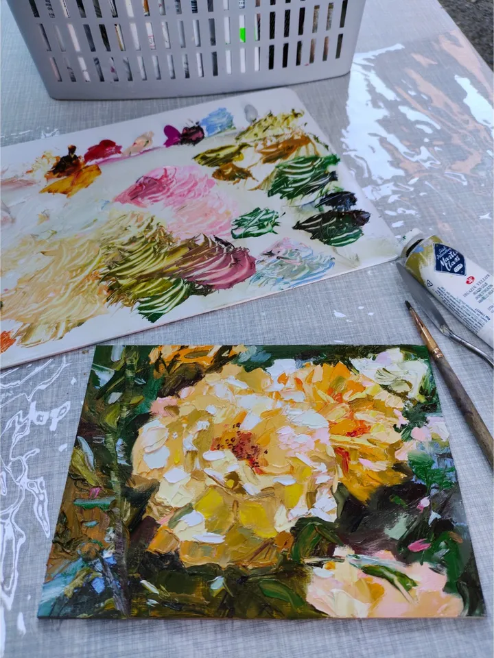 Yellow Rose painting Floral original art 7 by 5 in Flower wall art Yellow Rose of Texas artwork by Natalia Plotnikova