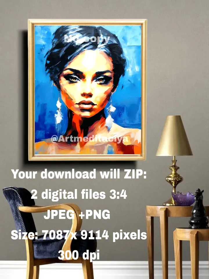 Digital abstract texture painting "Girl" in the style of oil painting with a palette knife on an abstract blue-blue background. This is a concise image of a beautiful brunette of European appearance with brown expressive eyes and abstract large white feat