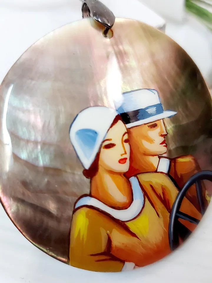 Russian Beautiful Pendant "Travelers" Mother-of-pearl hand-painted Russian jewelry miniature painting Gift for her Fedoskino Hand painted