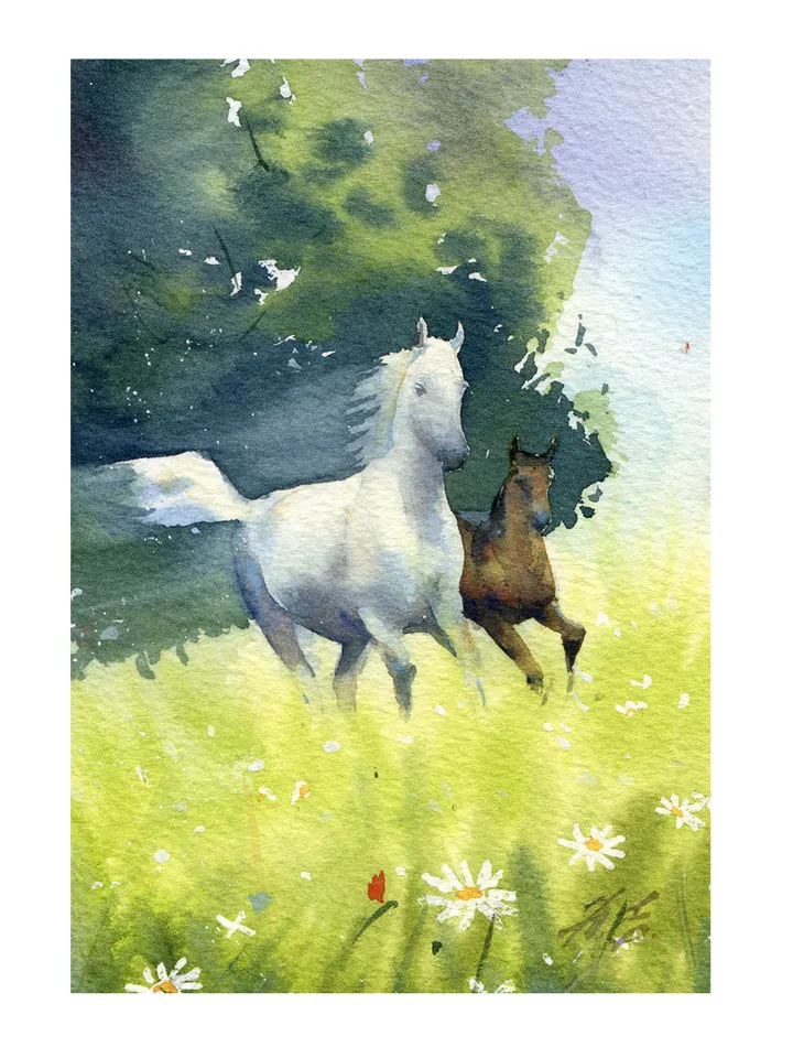Running horses Small painting Original watercolor art by Yulia Evsyukova