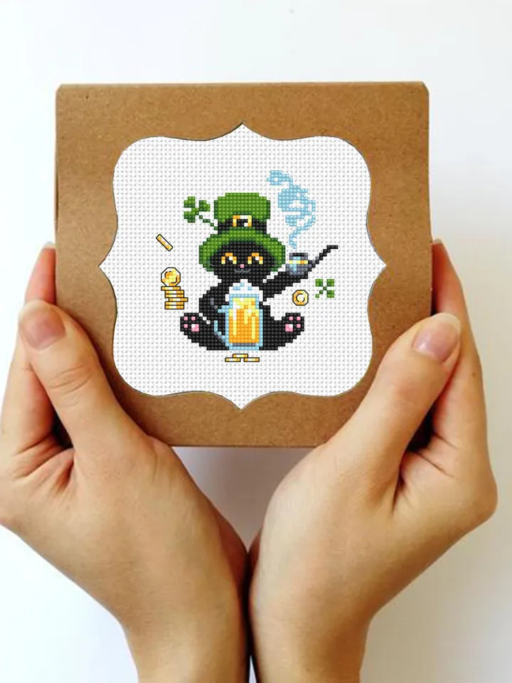 St Patrick day cat cross stitch pattern PDF download Cat holiday cards cross stitch chart, Black cat pattern digital PDF Cat lover gift #T40