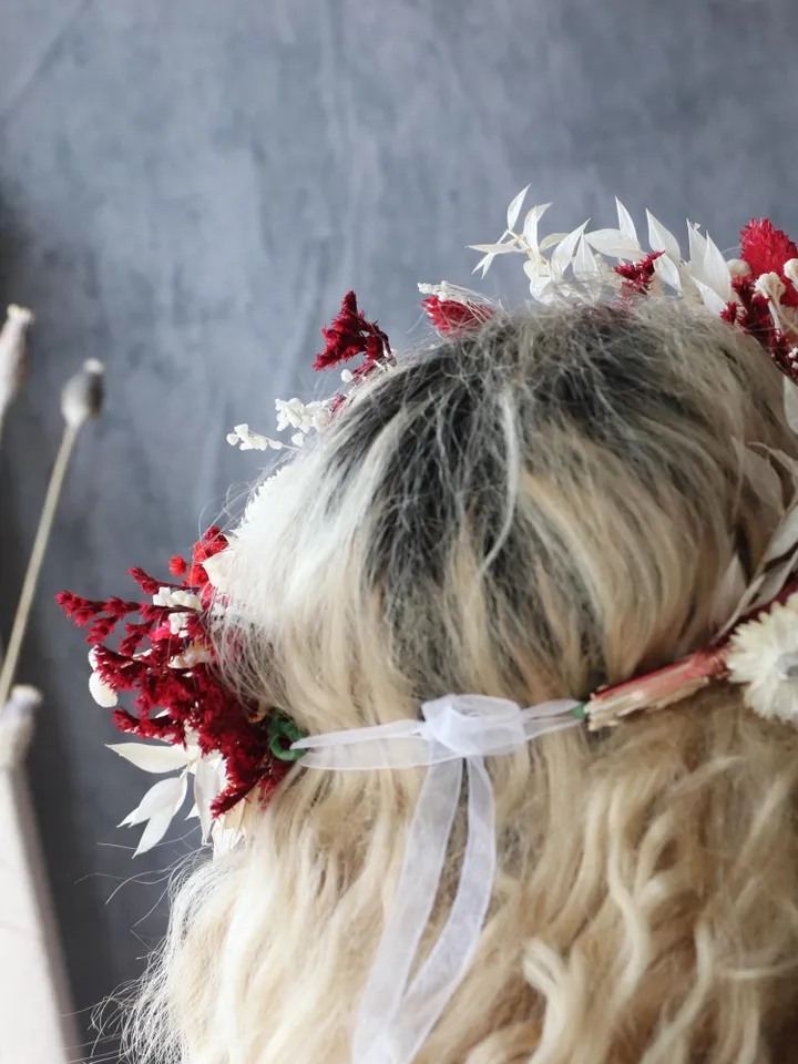 Natural Dried Flower Wedding Crown & Bouquet Set, Wedding Hair Accessories, red wedding crown, elegant flower crown