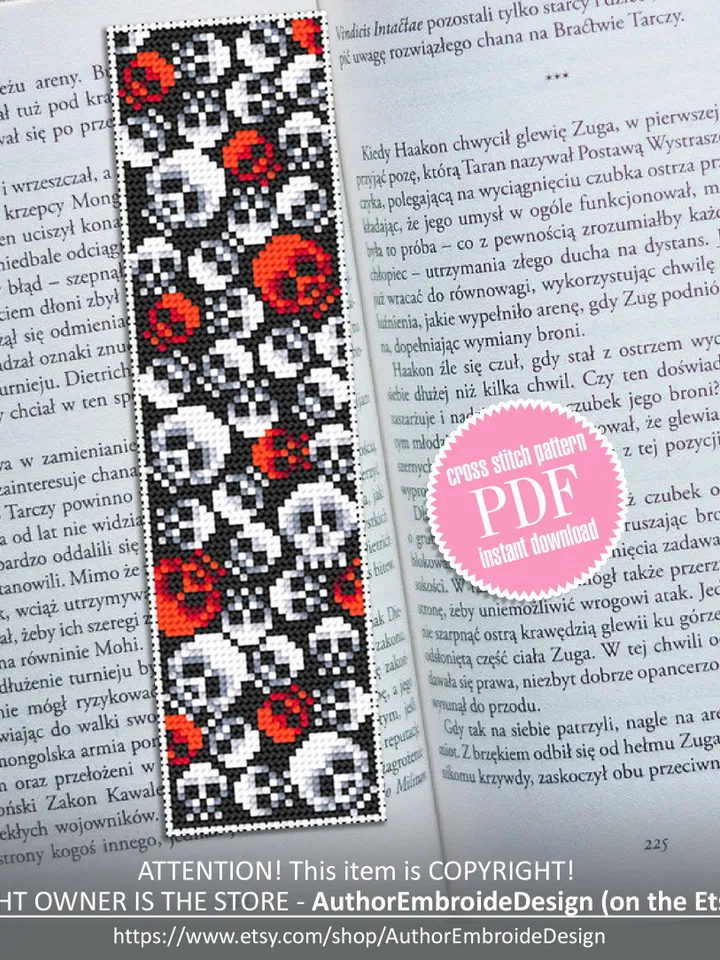 Gothic bookmark cross stitch pattern download PDF Spooky handmade bookmark pattern Halloween skulls cross stitch chart Gothic ornament #B108