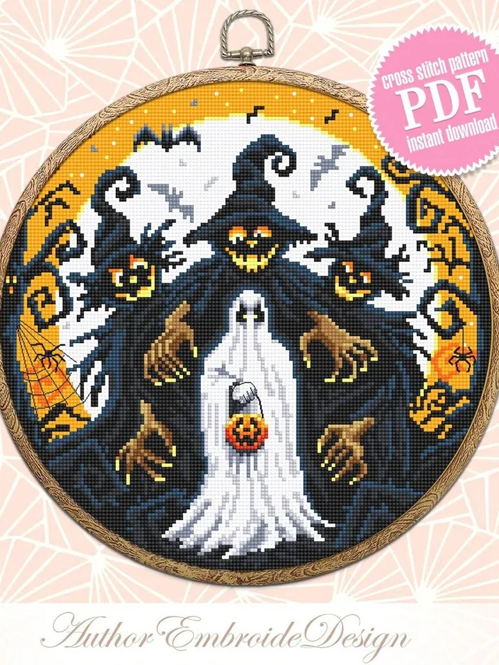 Scary Halloween cross stitch pattern PDF download Spooky ghost cross stitch chart Happy Halloween night, Halloween witch embroidery PDF #H61