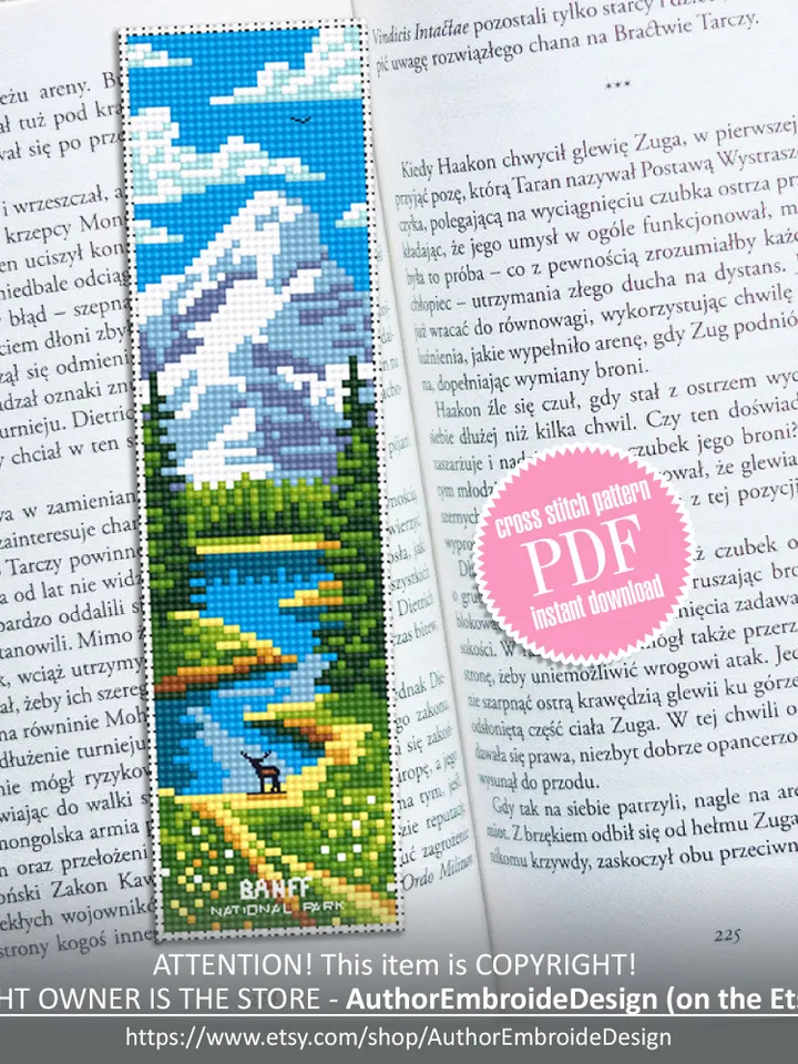 Banff national park bookmark cross stitch pattern PDF download Nature cross stitch chart, Digital bookmark pattern PDF Book lover gift #B224