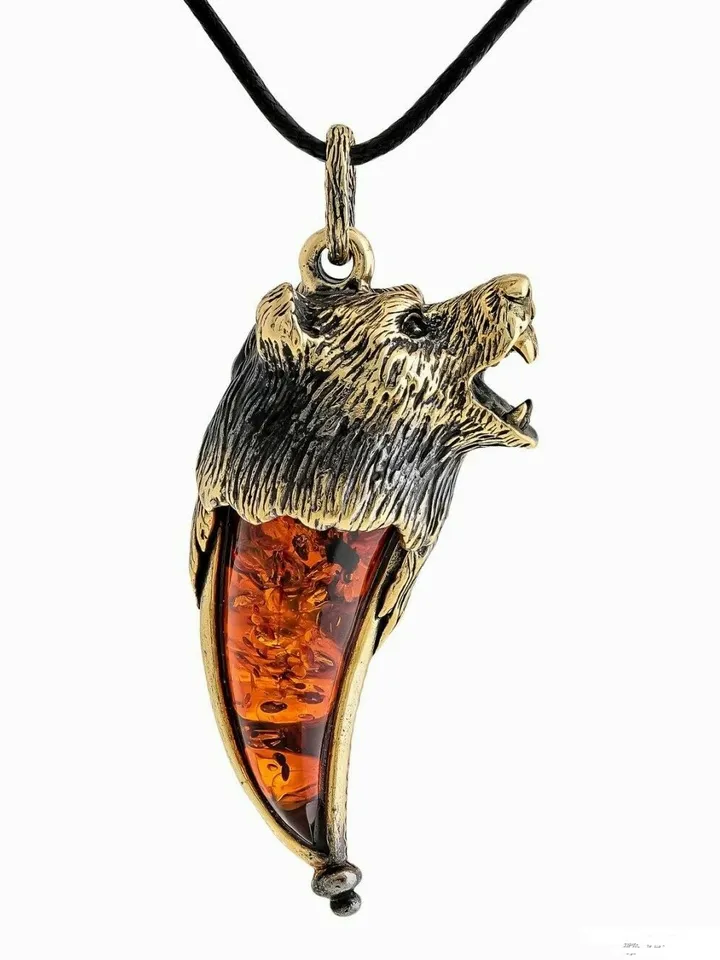 Bear Amulet Necklace Men Big Cool Pendant Head Fang Bear Totem Animal Jewelry Christmas Birthday Gift For Boyfriend Men Gold And Amber Protection Amulet Pendant