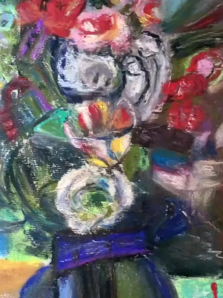 Flowers pastel original painting.Hand made abstract painting on 3 d canvas.