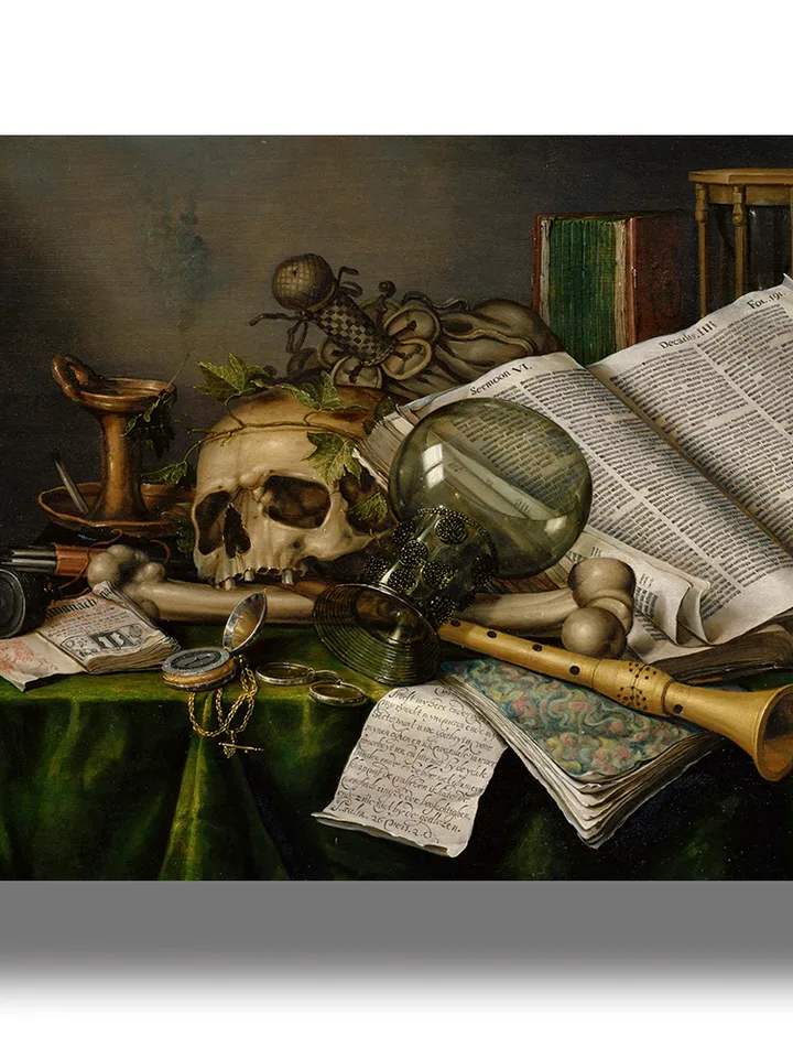 Vanity of Vanities. Gloomy still life with a human skull.