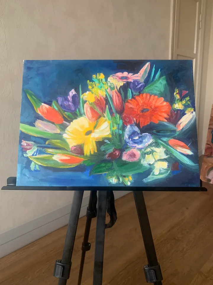bouquet with gerberas on blue oil original painting on canvas